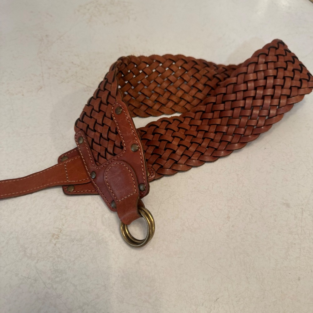 Massimo Dutti Woven Leather Belt Womens 70 Brown Braided Wide Boho D-Ring Spain